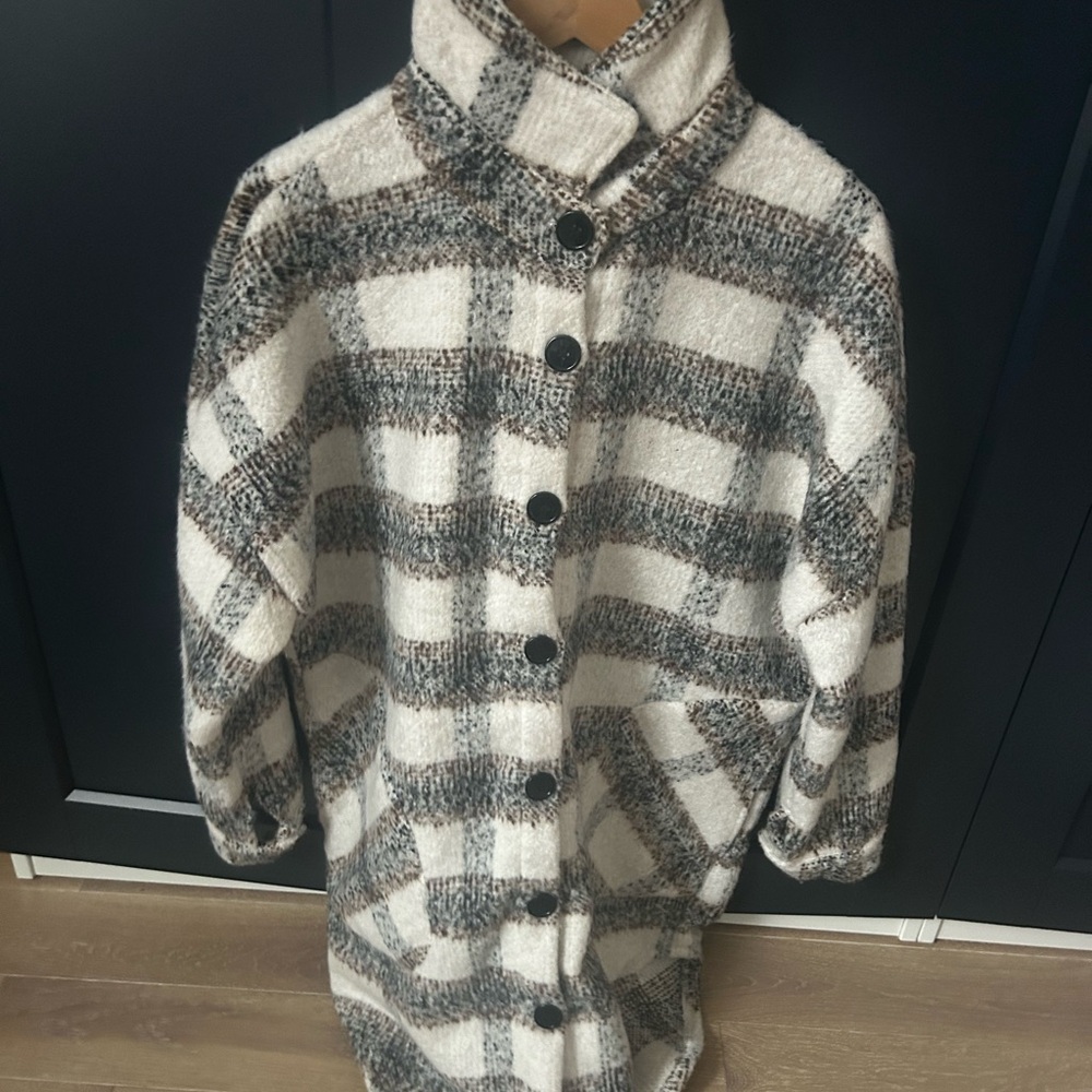 Plaid pea Coat - Black and Cream